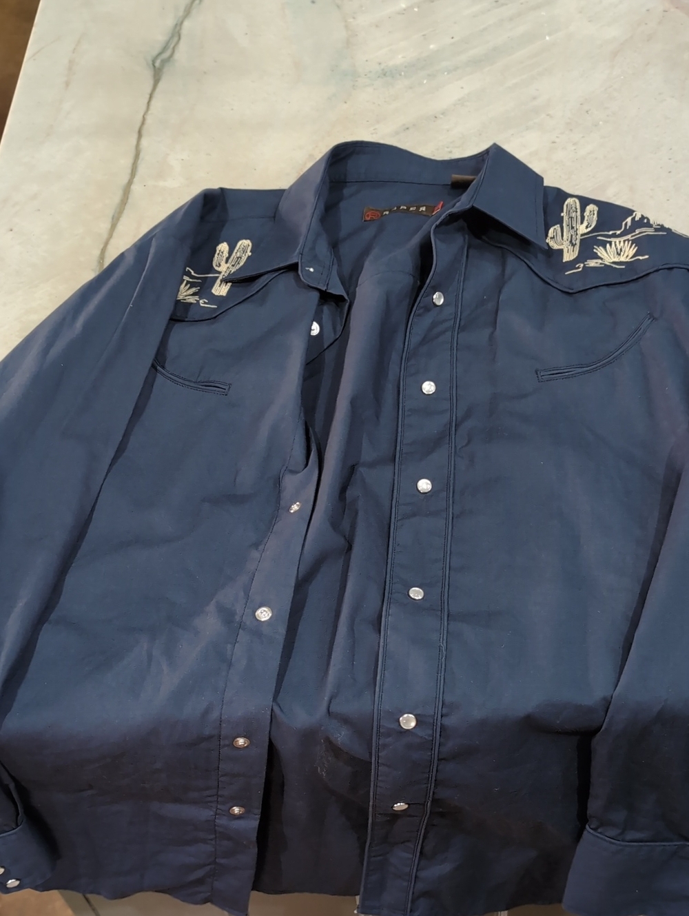 Roper Navy Western Snap Shirt with Cream Cactus Embroidery
